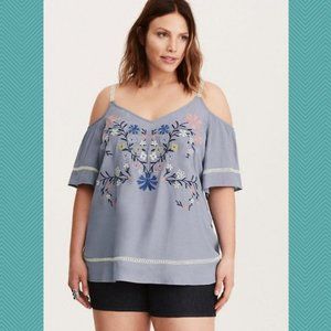 Torrid Blue Floral Embroidered Cold Shoulder Top